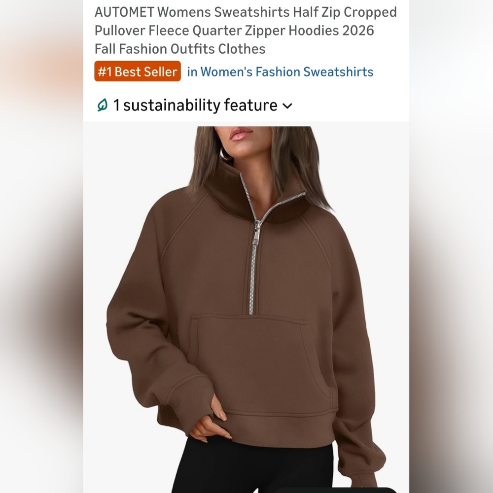 Cropped Half-Zip Pullover Fleece Top — Brown. W-54